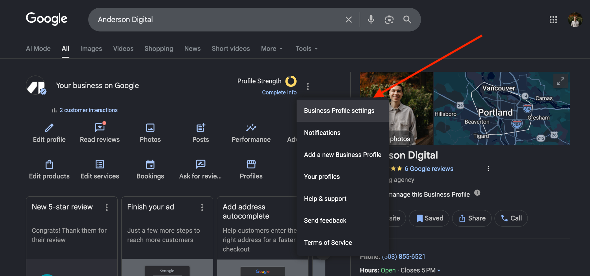 Google search results showing the Business Profile menu with Business Profile settings highlighted